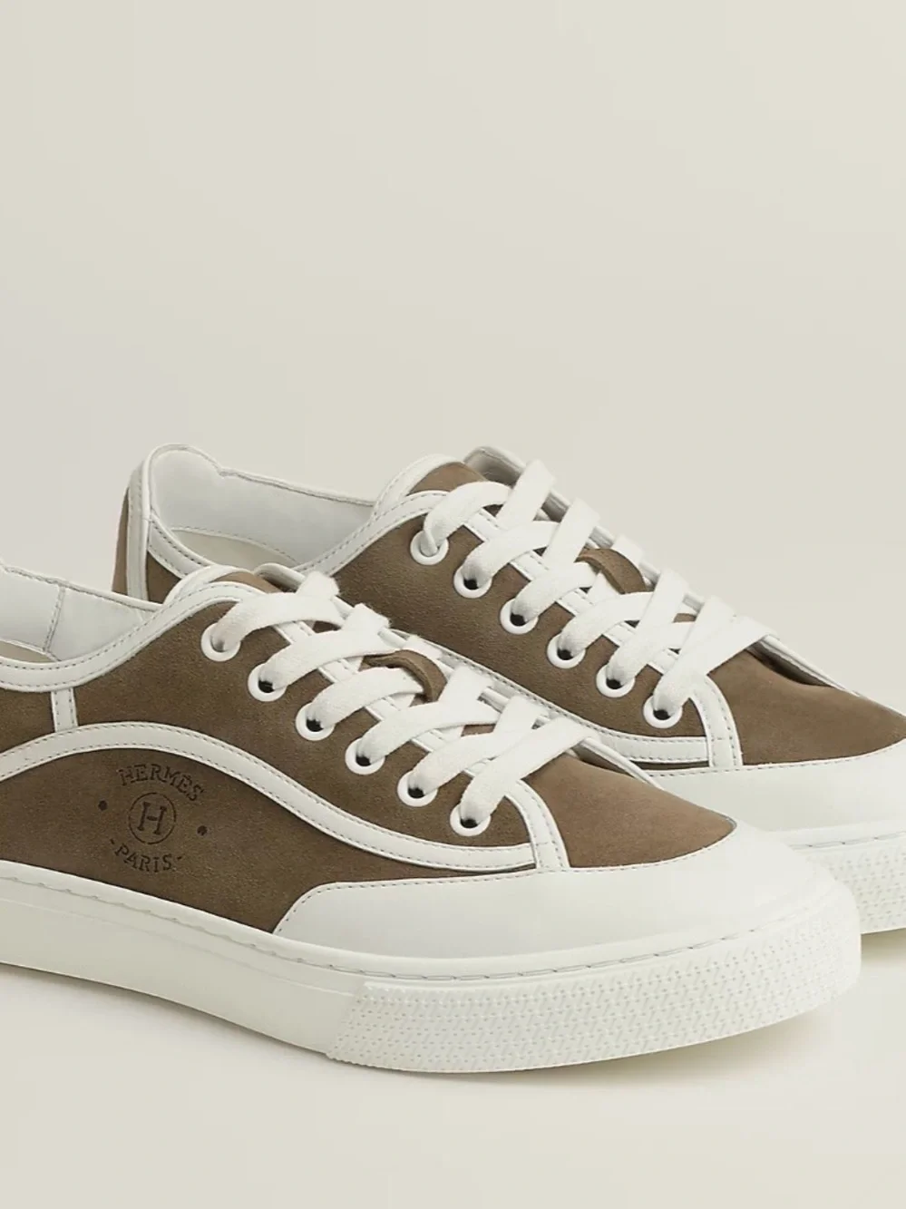 Hermes Women’s Low-Top Sneakers in Taupe and White